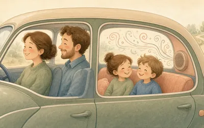 Illustration: Audiobook road trip, A family audiobook instead of individual screens