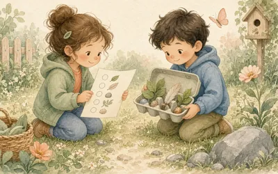 Illustration: Backyard nature scavenger hunt, A printed list of things to find outside