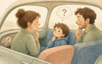 Illustration: Car trip 20 questions, One person thinks of something, everyone else gets 20 yes/no questions