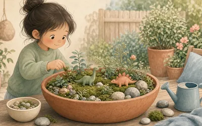 Illustration: Fairy or dinosaur garden, Build a tiny world in a pot or garden corner