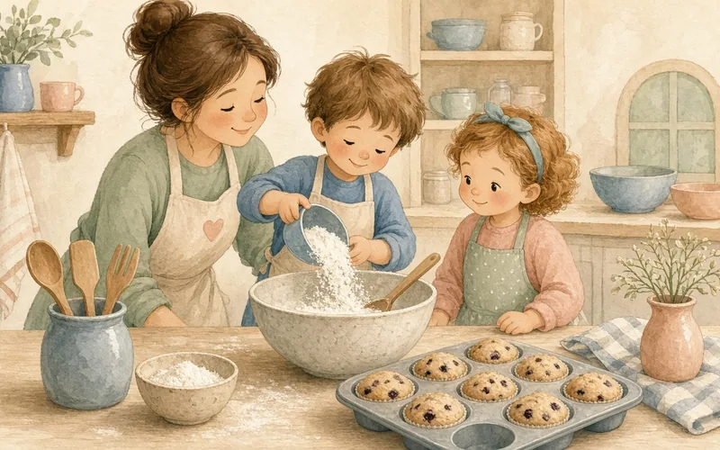 Illustration: Family bake-off, Simple baking with kids measuring and mixing