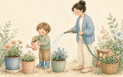 Illustration: Garden watering helper, Toddlers water pot plants with a small watering can