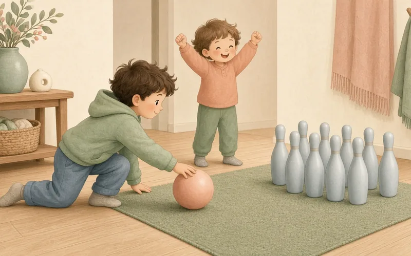 Illustration: Indoor bowling alley, Plastic bottles as pins and a soft ball