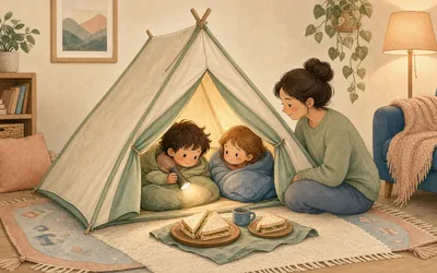 Illustration: Living room camping, Pitch a tent indoors, torch stories and a picnic dinner