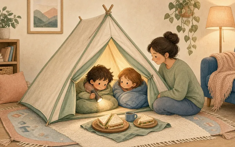 Illustration: Living room camping, Pitch a tent indoors, torch stories and a picnic dinner