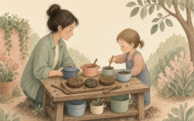 Illustration: Mud kitchen, An outdoor 'kitchen' of old pots, dirt and water