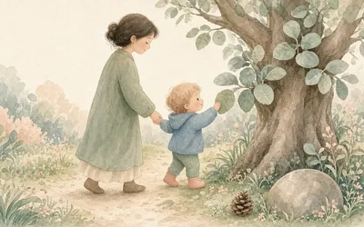 Illustration: Nature texture walk, Feel grass, bark, leaves and sand on a slow walk
