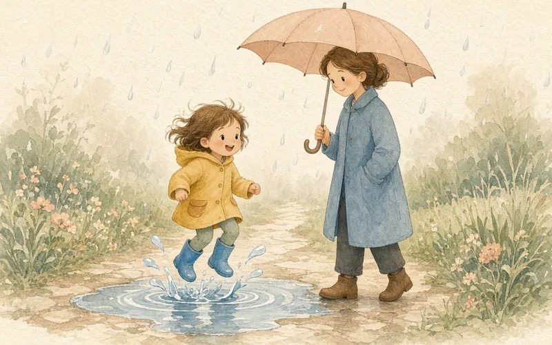 Illustration: Rainy day puddle walk, Raincoats, gumboots and permission to jump in puddles