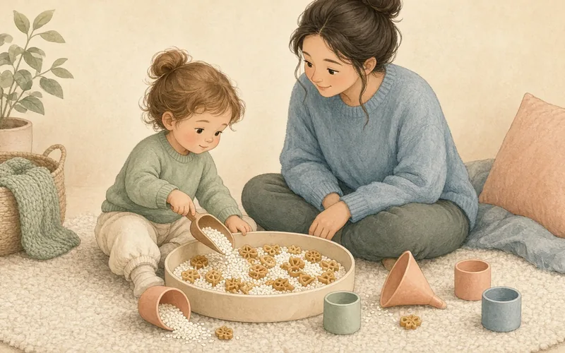 Illustration: Sensory bin, A tub of rice, pasta or water beads with scoops