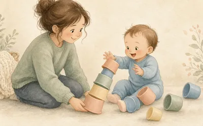 Illustration: Stacking-cup tower and topple, Build towers of stacking cups for toddlers to knock down