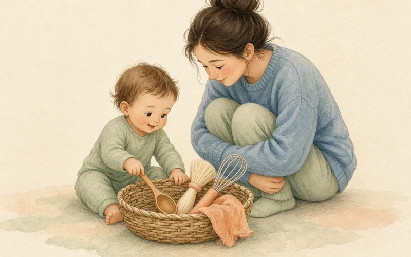 Illustration: Treasure basket of household items, A low basket of safe, different-textured objects to explore
