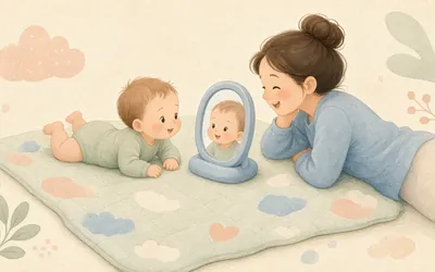 Illustration: Tummy-time mirror chat, Lie baby on their tummy facing an unbreakable mirror and chat about the face they see