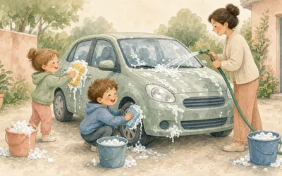Illustration: Washing the car together, Buckets, sponges and permission to get wet
