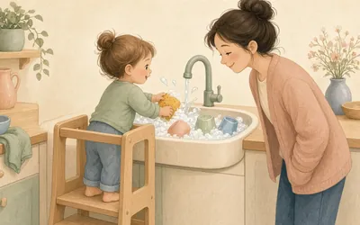 Illustration: Washing-up water play, A tub of warm soapy water and plastic dishes to 'wash up' outside